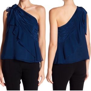 Cinq a Sept Caspian blue silk one shoulder blouse